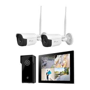 3MP Wireless Security Camera System with 10.1” Touchscreen Monitor, 64GB SSD Built-in, 2PCS Security Camera Outdoor and 1PCS Video Doorbell, Two Way Audio, Smart Motion Detection