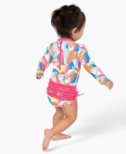 Image of RuffleButts Baby Girls UPF 50+ Sun Protection Floral Printed Long Sleeve One Piece Rash Guard Swimsuit with Zipper