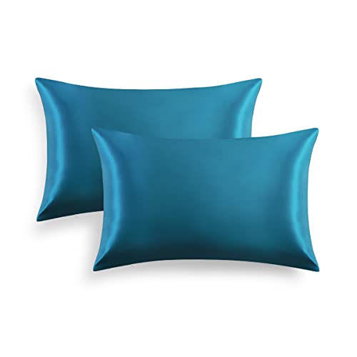 Umi 枕カバー 2枚セット サテンの枕カバー 43×63cm 封筒式ピローケース 抗菌防臭 光沢 防ダニ シルクタッチ まくらカバー 滑らかな材質 四季適応 ブルーグリーン