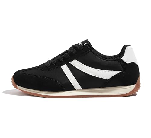 LUCKY STEP Women's Retro Fashion Sneakers Non Slip Comfortable Casual Running Shoes Breathable Classic Walking Trainers(Black/White,11 B(M) US)
