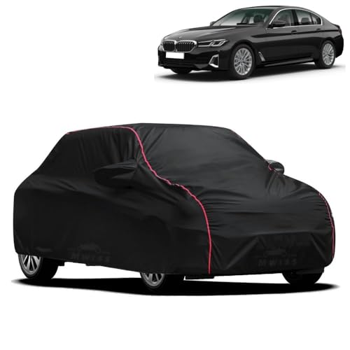 Image of Waterproof Car Cover for BMW 520 Di | All-Weather Protection, Dustproof & UV Resistant | Triple Stitched Mirror Pockets, Windproof Buckle Strap with Elastic Hem, Black-Red Piping