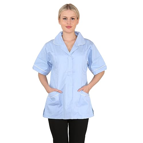 MyShoeStore Women's Healthcare Tunic Shirt with Front Zip, Short Sleeves, Rounded Revere Collar for Medical Uniform, Sky Blue, 18