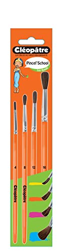 Cléopâtre - Pincel'School – Lot de 4 pinceaux Ronds en Poils de Poney de Tailles n°4, n°8, n°12, n°16