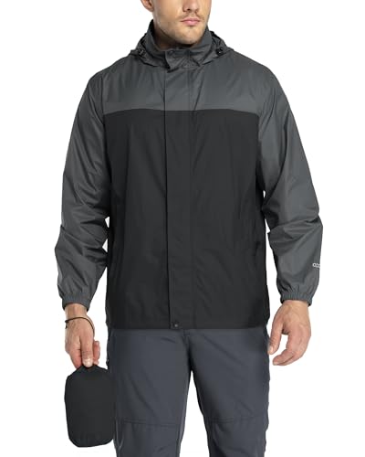 33,000ft Regenjacke Herren Leicht Wasserdicht Faltbare Regenmantel mit Kapuze Fahrrad Rain Windbreaker Windjacke Camping Outdoor Schwarz/Grau L