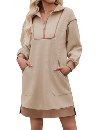 Image of Wenrine Womens Half Zip Sweatshirt Dress Fall V Neck Contrast Mini Dresses