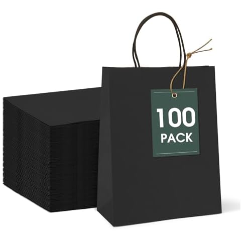 GSSUSA 100 Pack 8x4.25x10'' Paper Bags with Handles Bulk, Black Paper Gift Bags for Small Business, Sturdy Grocery Retail Shopping Bags, Birthday Party Favor Bags, Craft Bags, Kraft Bags Cover