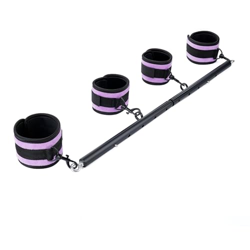 Spreader Bar Heavy Duty Stainless Steel Expandable Black Bar Home Gym with 4pcs Furry Purple Adjustable Strap,Sports Aid Training Fitness Gear Pilates Aid Kit,Indoor Yoga Set