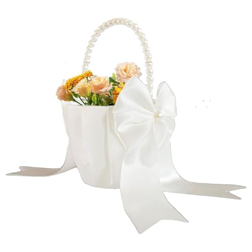 Flower Girl Basket Pearl Handle - Satin White Western Rustic Bowknot Wedding Basket | Rustic Bowknot Pearl Beaded Handle White Satin Foldable Basket