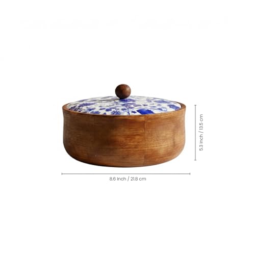 Image of ExclusiveLane 'Indigo Baagh' Wooden Chapati Box for Kitchen with Lid (21.8 cm, Mango Wood, Hand-Enameled, Multicolor) | Hot Case for Roti Casserole for Roti Box Hot Pot for Roti Kitchen