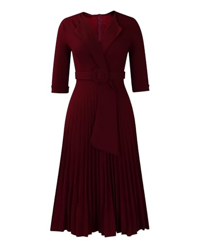 SOMTHRON Women's Elegant 3/4 Sleeve Blazer Dress V Neck Lapel Pleated Business Work Swing Midi Dress with Belt