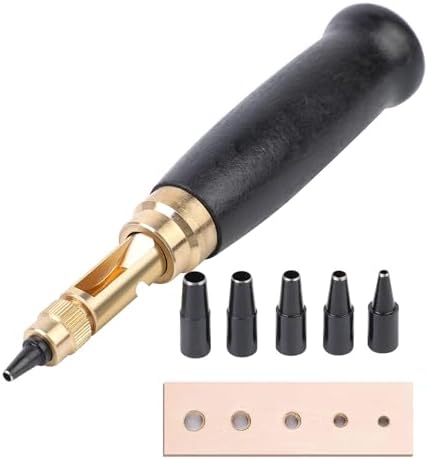 Mnuizu Adjustable Japanese Screw Punch, 6 Tip Sizes Adjustable Leather Hole Punch, Wood Handle Belt Hole Puncher Bookbinding Tool for Sewing Leather