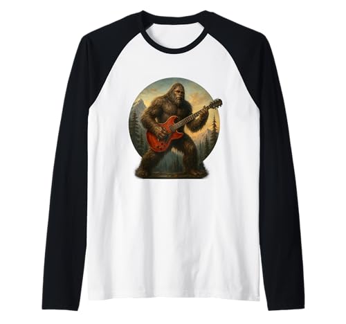 Bigfoot Mecedora en Forest Sasquatch Guitarrista Camiseta Manga Raglan