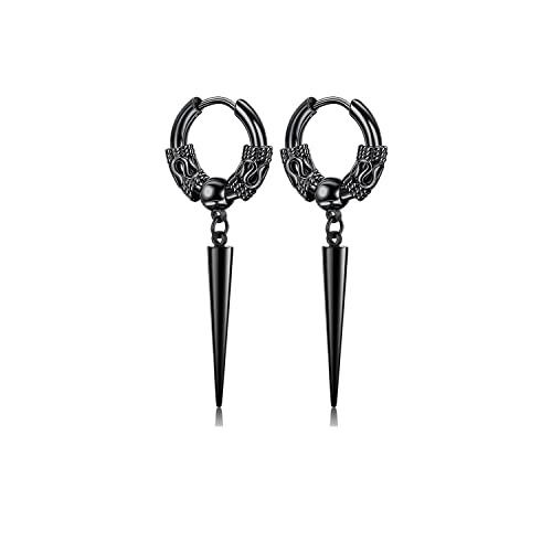 Men's Fashion Korea Style Stainless Steel Huggie Hinged Hoop Earrings with Long Chains Dangle Retro Feather Leaf Skull Awl for Men Women Boys