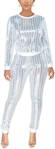 Womens Tracksuits Set Sweatsuits Shiny Round Neck Pullover and Bodycon Sweatpants Jumpsuits
