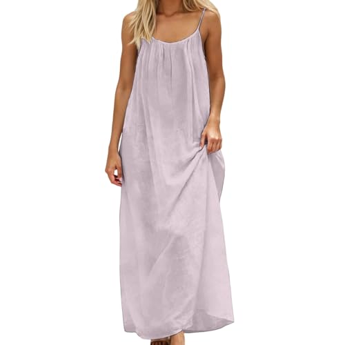 Vestido de Verano para Mujer, Casual Sin Mangas Color Sólido Espalda Descubierta Tirantes, Volantes con Finos Ajustables Tirante Largo Vestido, Ajuste Holgado, Vestidos de Playa para Vacaciones