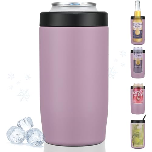Image of 4-in-1 Slim Can Cooler Easy to Hold Insulated Beer Can Holder Double-walled Stainless Steel for All 12 Oz Cans (Purple)