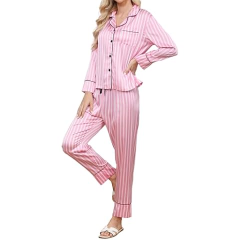 Corna Long Sleeve Pajama Set for Women, Pink and White Striped Womens Satin Pajama Set, Soft Silk Pjs for Women Set, Sleepwear Lounge Set with Pockets for Family, 12277s-Striped Pink, XL Cover