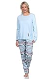 Toller langarm Damen Pyjama im eleganten Look: Oberteil uni mit plazierten Druck, die Pyjamahose in Ethno-Style Optik