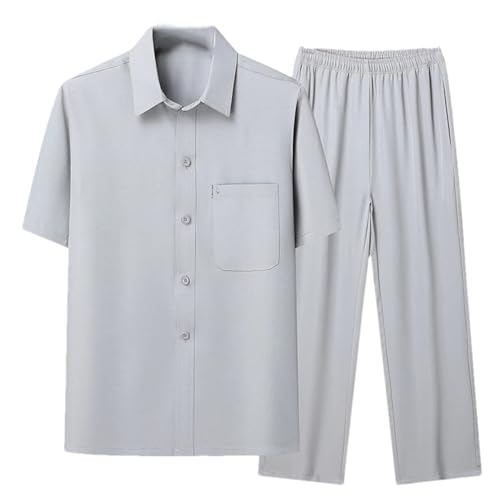(Top + Pants) Summer Leisure All Match Men Fashion Loose Lapel Half-Sleeve Shirt Set Light gray9 XL