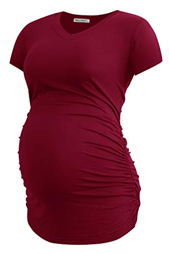 Smallshow Women's V Neck Maternity Shirt Side Ruched Tunic Pregnancy Short Sleeve Top Clothes 3-Pack Deep Green/Light Grey/Wine Medium #TOP6
