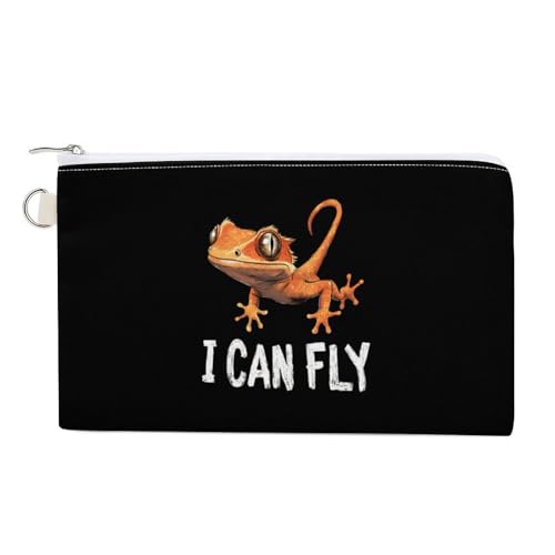 Crested Gecko I Can Fly Fashion Coin Purse Change Makeup Bag Canvas Pencil Pouch Travel