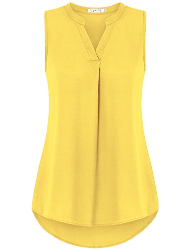 Lyking Women's Henley V Neck Sleeveless Curved Hem Chiffon Blouse Shirts Tank Tops