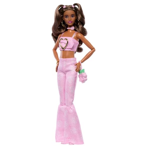 Image of Barbie Deluxe Style Doll #12 in Pink Denim Crop Top with Flare Jeans with Printed Roses Wavy Brown Hair Accessories such as Rose Handbag and Jewellery JJN72