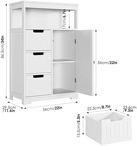 HOCSOK Bathroom Cabinet, Wooden Cupboard with 3 Drawers, Floor Cupboard for Living Room, Kitchen, Entryway, White