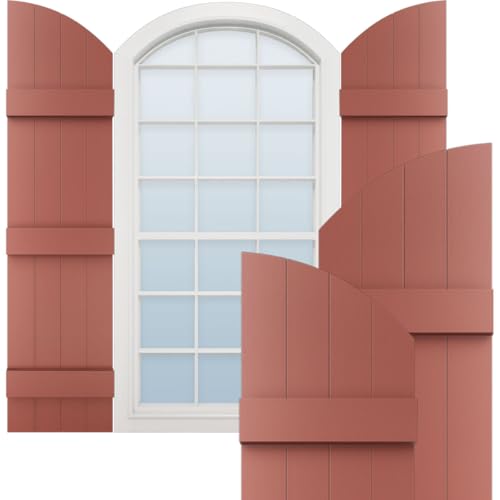 14"W x 81"H (74" Low Side) Lifetime Vinyl, Standard Four Board Joined w/Archtop, Board-n-Batten Shutters, w/Installation Shutter-Lok's & Matching Screws (Per Pair), Burgundy Red