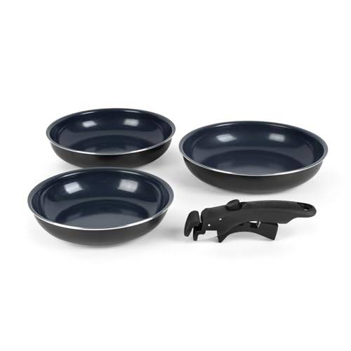 Russell Hobbs Smart Clip 4-Piece Pan Set – Xylan Plus Non-Stick Coating, Nightfall Stone, 20, 24 and 28 cm Frying Pan, Removable Clip-On Handle, Stackable, PFOA-Free, Omelette, Pancake, Oven Safe