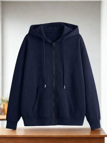 Image of Women's Fleece Fabric Zipper Hooded Jacket Loose Fit /Oversized, Drawstring | Plus Size Also Available
