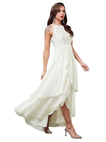 Image of Miss Chase Women's Round Neck Sleeve Embellished Fit Flare Maxi Dress