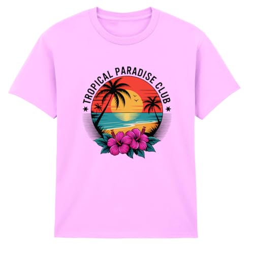 Image of Tropical Paradise Club Girls T-Shirt Beach Sunset Hibiscus Tropical Summer Holiday Outfit for Daughter 9-11 Years Light Pink