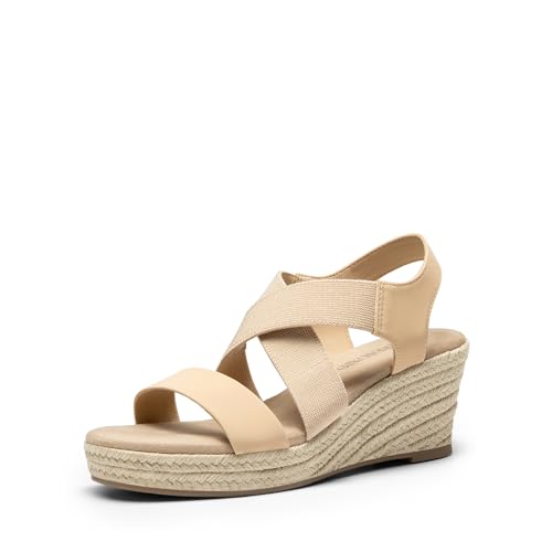 DREAM PAIRS Womens Platform Espadrilles Wedge Sandals, Slip on Elastic Ankle Strap Sandals for Women Casual Dressy Summer 6 Nude-nubuck
