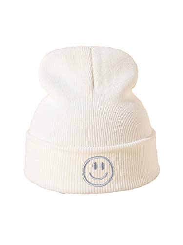Cioatin Knit Cuff Beanie Smile Graphic Embroidery For Men Women Soft Winter Hats Skull Cap Preppy Beanie Hats Ski Hat White #TOP7