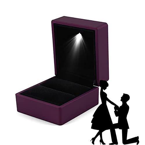 AMZCOM Ring Box mit LED-Licht, Beleuchtet Ringschachtel Hochzeit Verlobung Ringetui, Elegant Ehering Box 1 Ring Schmuckschatulle Geschenkbox für Heiratsantrag Valentinstag,Lila Cover