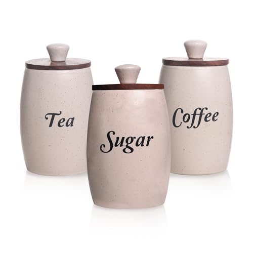 Image of Ceramic Tea Coffee Sugar Containers Set of 3 with Wooden Lids | Jar and Container for Kitchen Storage Set | Multi Utility Air Tight Kitchen Organizer Items (Hand-Painted, 400 ML)