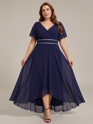 Image of Ever-Pretty Plus Women's Chiffon V-Neck Beading Ruffles Sleeves Maxi High Low Plus Size Formal Dresses