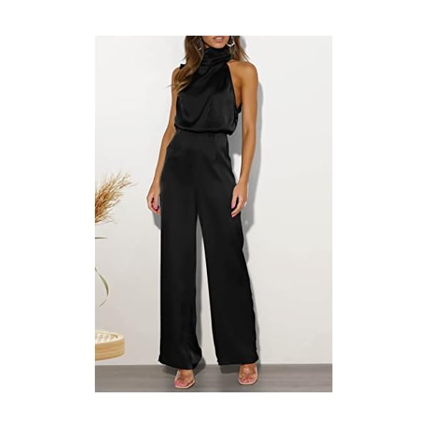 PRETTYGARDEN Women's Satin Jumpsuits 2023 Summer One Piece Outfits Mock Neck Sleeveless Wide Leg Pants Rompers (Black,Large)