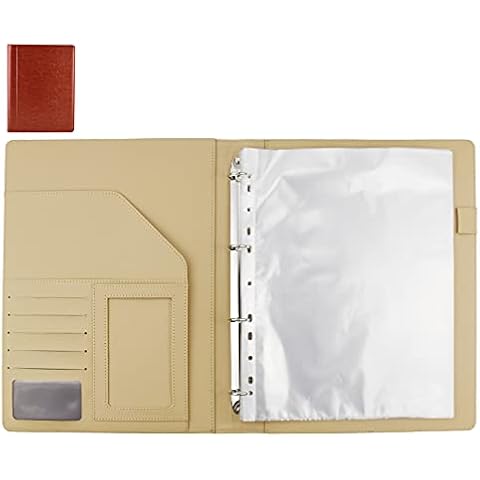 Enyuwlcm PU Leather Padfolio Ring Binder with Clipboard Resume Leather Portfolio with 20 Clear Plastic Sleeves Brown Cover