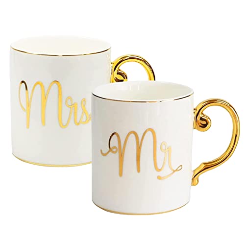 CheeseandU 2 x makellose Keramik-Kaffeetassen mit goldenem Gemälde, Porzellan-Wasserbecher, Paar-Geschenke, Valentinstag-Geschenke für Freund, Jahrestag, Ehemann, Geschenk für Mutter (MR&MRS) Cover