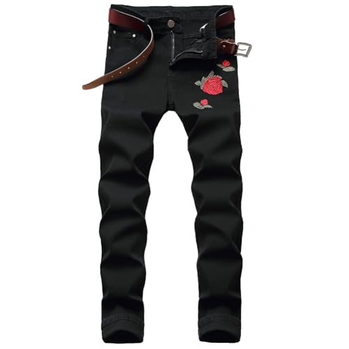 XYGJZ Men's Regular Slim Fit Jeans Strenchy Straight Leg Jean Rose Embroidered Pants3