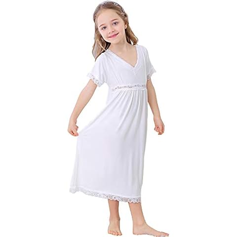 Girls Nightgown,Modal Cotton Sleepwear Solid Color Nightie Casual Princess Dresses for Kids 3-12 Years White Cover