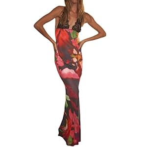 XPONNI Y2k Dress Backless Maxi Dresses for Women, Red Tie Dye Dress with Lace Strap, Sexy Party Dress Clubwear Summer