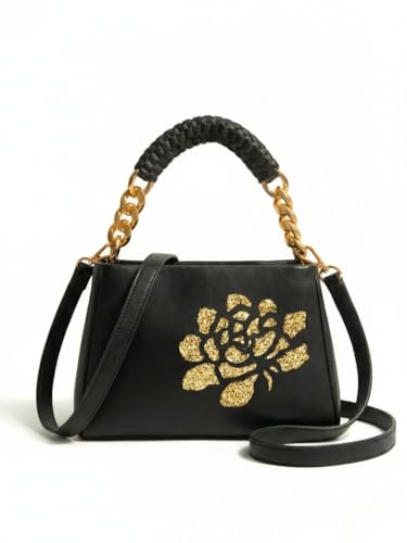 Image of LIKE STYLE Women's PU Sling Bag with Gold Glitter Floral Print | Dual Compartment Crossbody & Shoulder Bag with Braided Handle | Stylish Zip Closure Handbag for Office & Daily Use | Durable Material