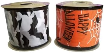Halloween Ribbon Set, Set of 2, One Happy Halloween Spider Ribbon and One Bat Ribbon, 9 ft Each, 2.5 x 108 in