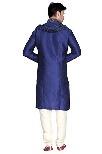 MKP9007 Blue and Ivory Men's Kurta Pyjama Indian Suit Bollywood Sherwani4