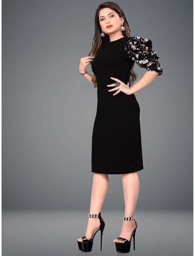 Image of KUDUZO Women's Black and Purple Lycra Fit and Flare High Low Knee Length Round Neck Floral Puff Sleeves S to 2XL Size Dress (SP-T3B6FPF97VRVW7YH)