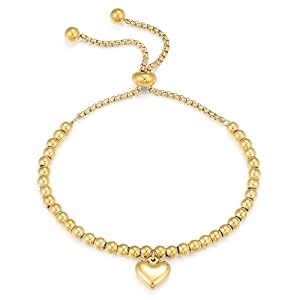 Yowivon Gold Plated Bracelet, Dainty Adjustable Slider Beaded Bracelets, Trendy Heart Charm Bracelet, Stainless Steel Tarnish Free Fashion Gold jewelry Gifts for Women