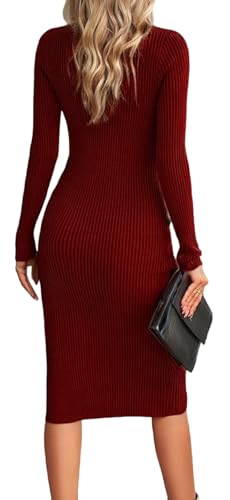 Women's Long Sleeve Bodycon Dress Slit Side Ribbed Sweater 2025 Fall Slim Fit Midi Dresses Formal Evening Party4